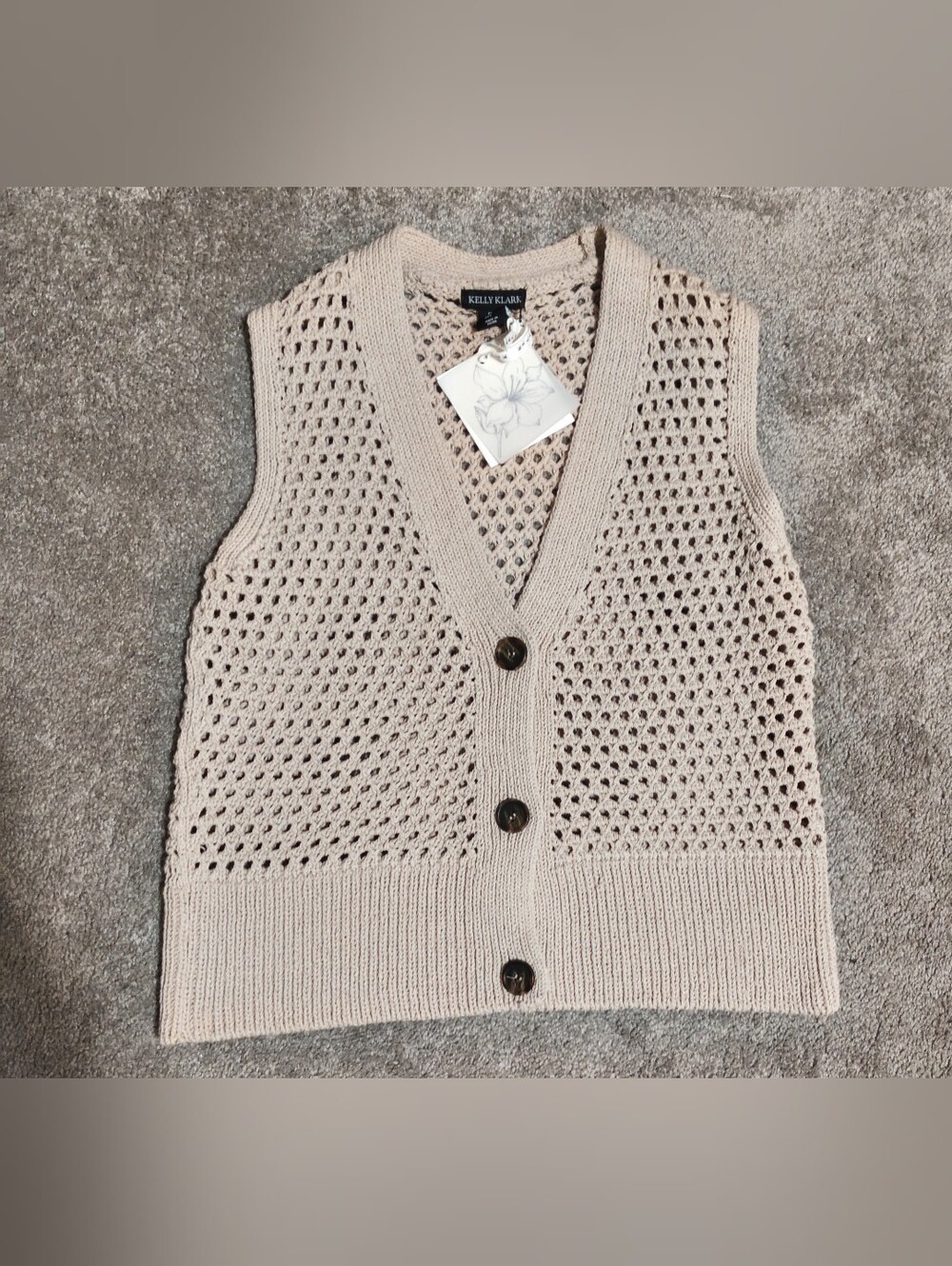 Cream Knit Openwork Button-Front Sweater Vest Size Large